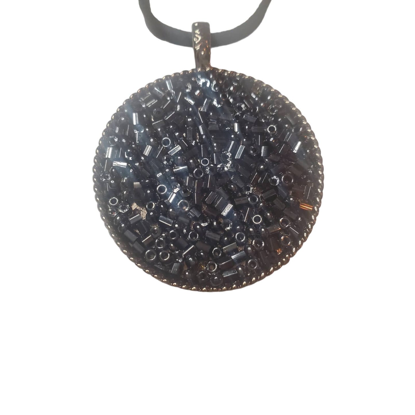 Black Leather Strap Necklace with Circular Beaded Pendant