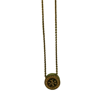 Tory Burch Black Chain Necklace with Black Enamel and Diamante Logo Pendant